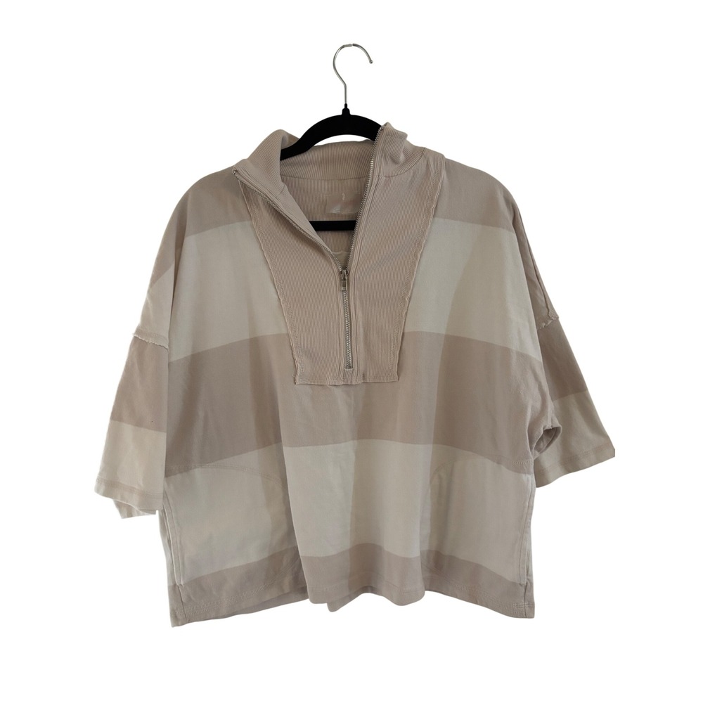 Free People Movement Tan Striped Half Zip Cotton Pullover Sweatshirt S